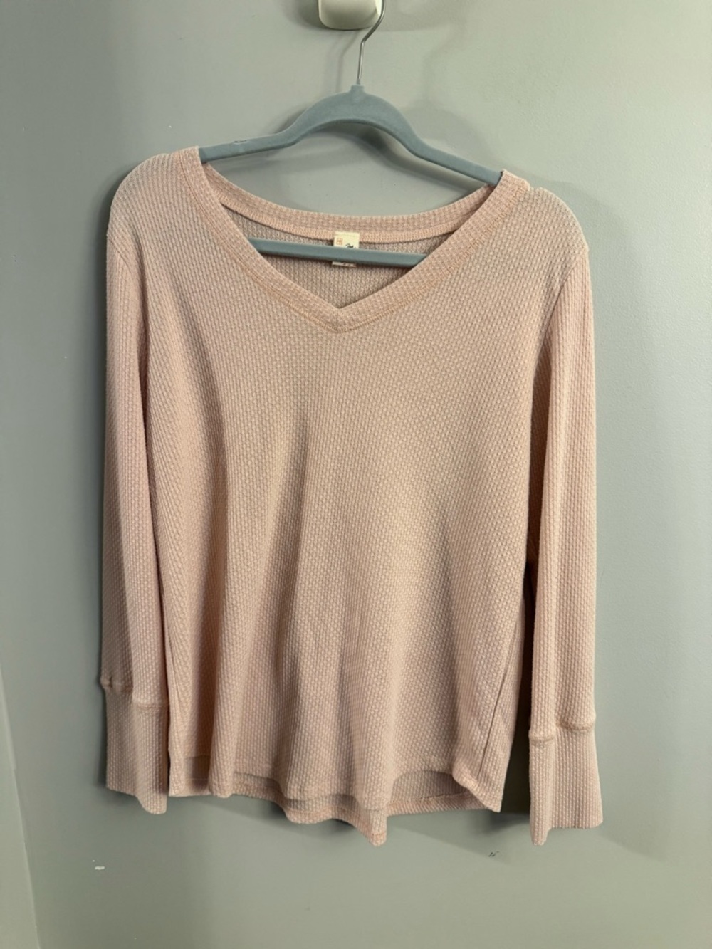 7th Ray Blush Pink Waffle Knit Top V Neck Long Sleeve Soft Casual Large